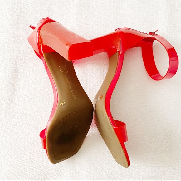 Cherry Red Ankle Strap Square Toe Square Vinyl Heels - Picture 5 of 12